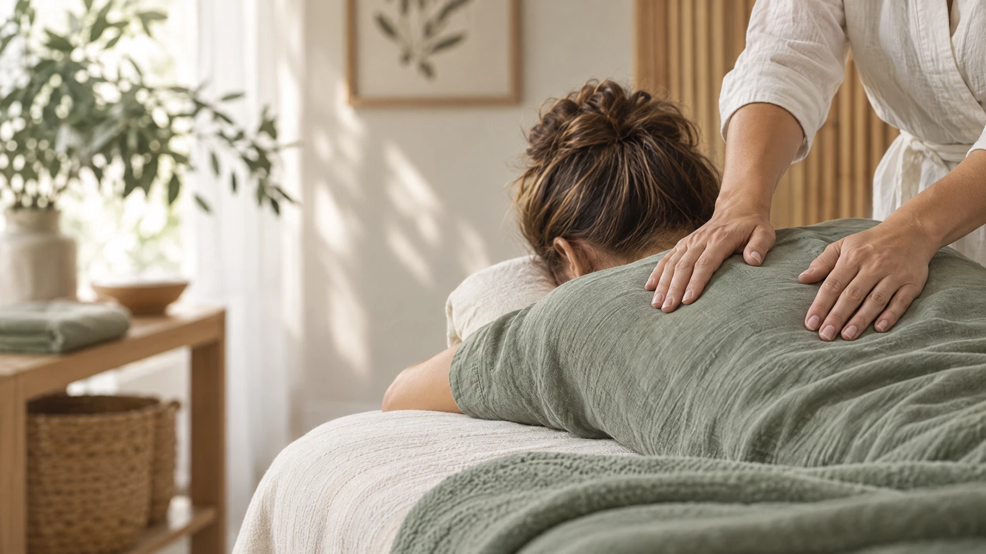 Illustration d’un massage bien-être dans une ambiance calme et lumineuse