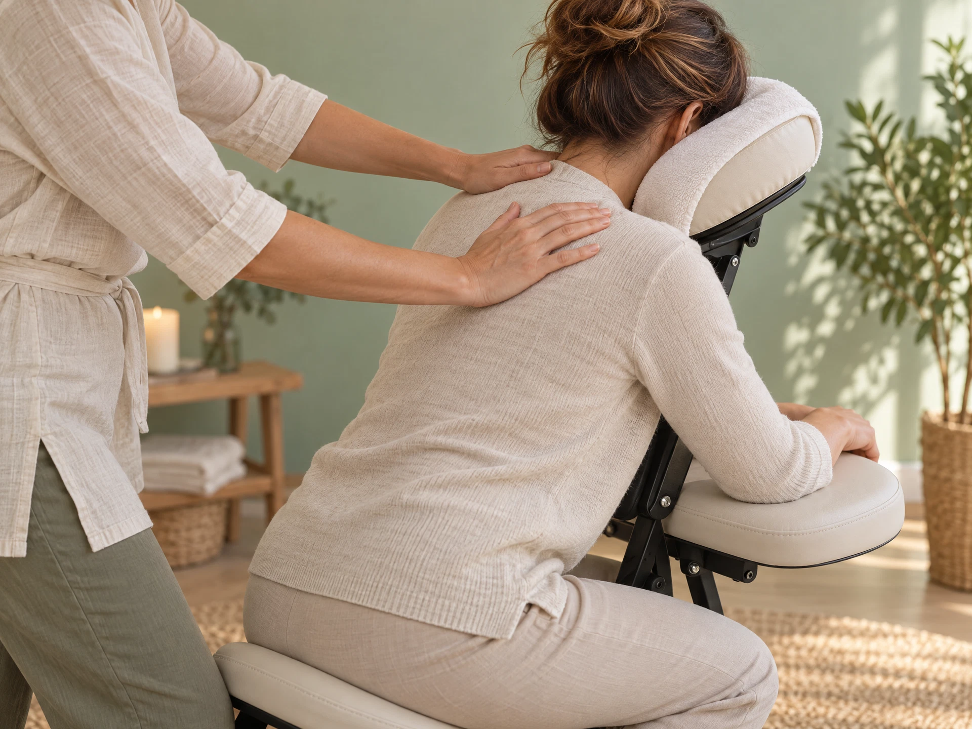 Illustration d’un massage Amma assis et habillé, dans un cadre apaisant