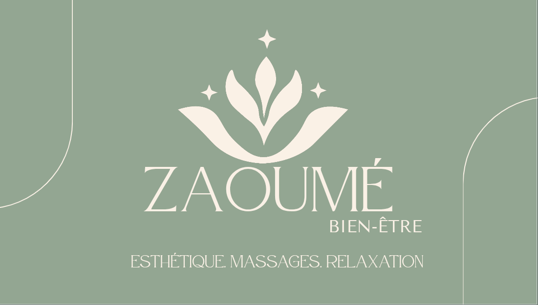 Logo Zaoumé Bien-être : emblème floral ivoire sur fond vert sauge